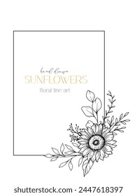 Dibujo de línea de girasoles. Sunflower Frame Line Art. Marco floral. Ilustración de girasol de línea fina. Flores con contorno dibujado a mano. Página para colorear botánica. Boda invitación flores