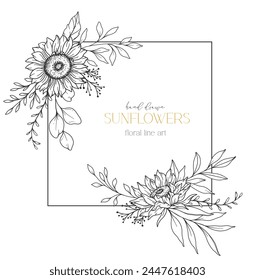 Dibujo de línea de girasoles. Sunflower Frame Line Art. Marco floral. Ilustración de girasol de línea fina. Flores con contorno dibujado a mano. Página para colorear botánica. Boda invitación flores