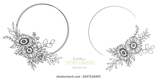 Sunflowers Line Drawing. Sunflower Frame Line Art. Floral frame. Floral Line Art. Fine Line Sunflower  illustration. Hand Drawn Outline flowers. Botanical Coloring Page. Wedding invitation flowers