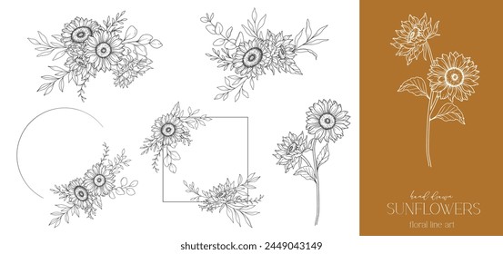 Dibujo de línea de girasoles. Sunflower Frame Line Art. Marco floral. Ilustración de girasol de línea fina. Flores con contorno dibujado a mano. Página para colorear botánica. Boda invitación flores