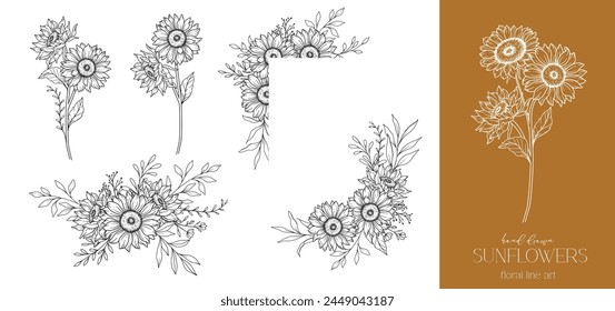 Sunflowers Line Drawing. Sunflower Frame Line Art. Floral frame. Floral Line Art. Fine Line Sunflower  illustration. Hand Drawn Outline flowers. Botanical Coloring Page. Wedding invitation flowers