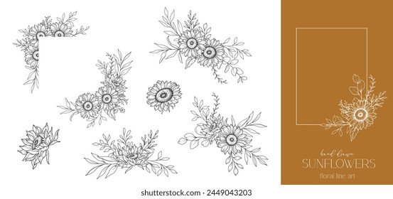 Dibujo de línea de girasoles. Sunflower Frame Line Art. Marco floral. Ilustración de girasol de línea fina. Flores con contorno dibujado a mano. Página para colorear botánica. Boda invitación flores