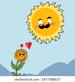 Sunflowers in love with the big sun, funny romantic pictures, in love