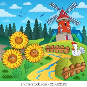 Sunflowers near windmill - eps10 vector illustration.