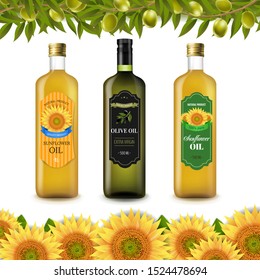 Sunflowers And Olive Oils Bottle Labels With Border Isolated White Background