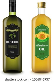 Sunflowers And Olive Oils Bottle White Background With Gradient Mesh, Vector Illustration