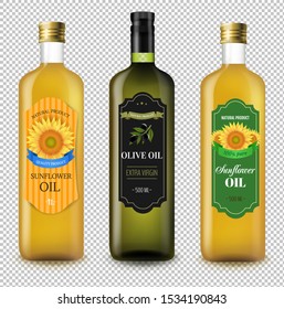 Sunflowers And Olive Oils Bottles Set Transparent Background, Vector Illustration