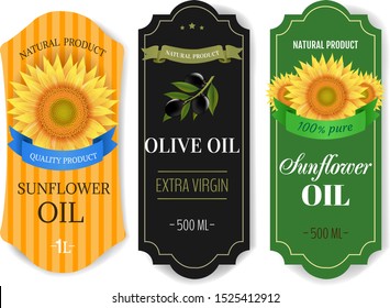 Sunflowers And Olive Oils Labels Isolated White Background With Gradient Mesh, Vector Illustration