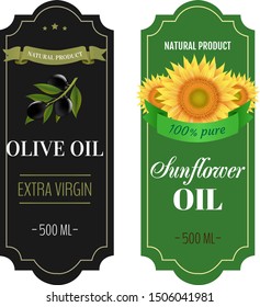 Sunflowers And Olive Oils Labels White Background With Gradient Mesh, Vector Illustration