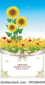 Sunflowers on a background of wheat in a frame with an ornament, ribbon and bow