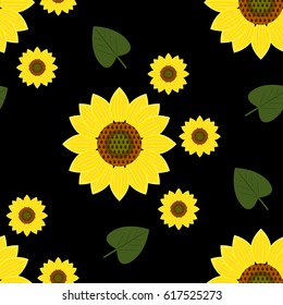 Sunflowers on a black background. Vegetative seamless pattern in the style of the 90's. Universal print for fabrics, wallpapers. Vector illustration EPS 8