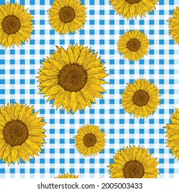 Sunflowers on a blue and white buffalo check plaid. Floral  Vector seamless pattern