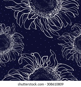 Sunflowers on a dark blue background. Seamless design. Vector.