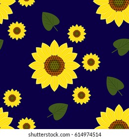 Sunflowers on a dark blue background. Vegetative seamless pattern in the style of the 90's. Universal print for fabrics, wallpapers. Vector illustration EPS 8