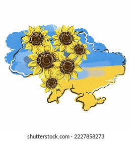 Sunflowers on the map of Ukraine. Support Ukraine! Vector illustration