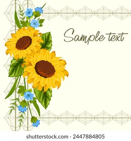 Sunflowers on an openwork frame.Vector illustration of a bouquet of flowers with sunflowers on a colored background with a beautiful frame and text.