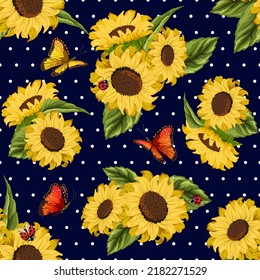 Sunflowers on a polka dot background.Vector seamless pattern with sunflowers and insects on a colored polka dot background.