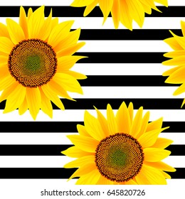 Sunflowers on a striped black and white. Seamless vector pattern