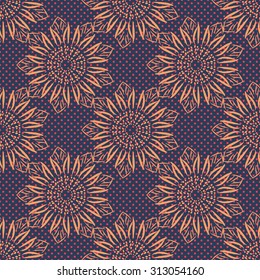 Sunflowers on violet dots background, seamless vector pattern, print, wallpaper, vintage style, design tile, repeating paper, fabric