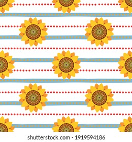 Sunflowers on a white background with a pattern of stripes and polka dots