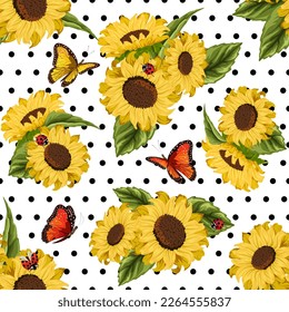 Sonnenblumen auf weißem Hintergrund mit Polka-Punkten.Vektorbild mit Sonnenblumen und Schmetterlingen auf weißem Hintergrund mit schwarzen Polka-Punkten.