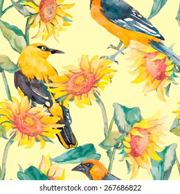 Sunflowers and oriole pattern watercolor. Exotic bird. Watercolor. Vector.Yellow background.