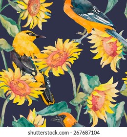 Sunflowers and oriole pattern watercolor. Exotic bird. Watercolor. VectorYellow background