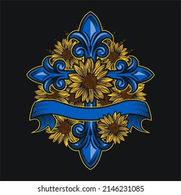sunflowers with ornate cross and ribbon , Design element for logo, poster, card, banner, emblem, t shirt. Vector illustration