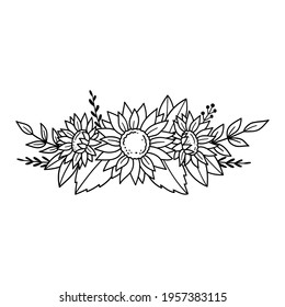 Sunflowers. Outline drawing. Line vector illustration.  Isolated on white background. Design of invitations, wedding or greeting cards.