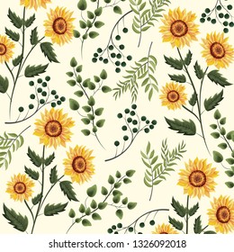 sunflowers plants with branches leaves background