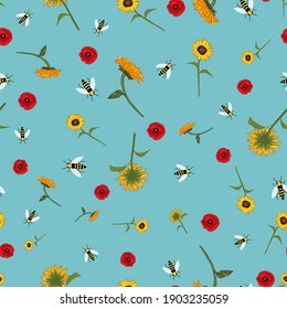 Sunflowers and poppies seamless vector pattern design