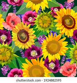 Sunflowers, poppies and wildflowers vector seamless pattern