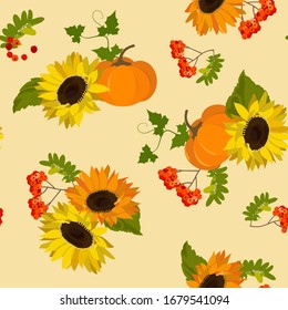 Sunflowers, pumpkin and rowan branches. Seamless vector autumn illustration on a beige background. For textile decoration, packaging, web design.