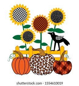 
  Sunflowers and Pumpkins (leopard, plaid, polka dots) and a Crow on the fence.  Vector illustration. Applique template. Farmhouse decor.