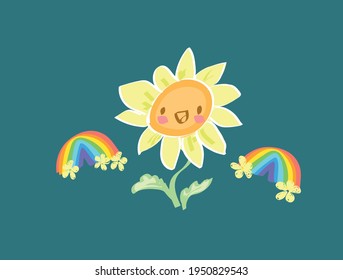 Sunflowers and rainbow hand drawn vector illustration sketched cute flower positive vibes happy print design poster