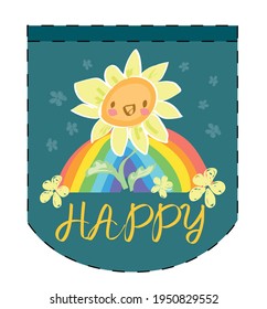 Sunflowers and rainbow hand drawn vector illustration sketched cute flower positive vibes happy print design pocket