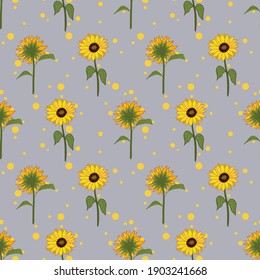 Sunflowers repeat pattern on grey background with yellow dots