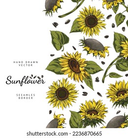 Sunflowers seamless border repeating in vertical direction, sketch or engraving vector illustration isolated on white background. Sunflower plant repeatable bordure.