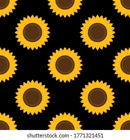 Sunflowers seamless pattern. Abstract modern flat style. Colorful elements on a Black background. For decoration backdrops, banners, packings, textiles, paper, wallpapers, fabrics, creatives designs.