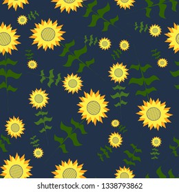 Sunflowers seamless pattern for background. Seamless minimalistic pattern for fabric - sunflowers on a dark blue background, for textiles, wrapping paper, flat design vector image, stretchable
