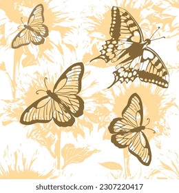 Los girasoles son un patrón sin fisuras con mariposas. Ilustración del vector
