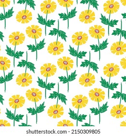 Sunflowers seamless pattern. Field of abstract yellow flowers. Drawing in the style of a children's doodle. doodles are drawn by a child's hand with colored pencils. Childish primitive doodle