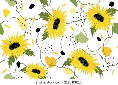 Sunflowers seamless pattern. Flowers scandinavian line spots. modern print