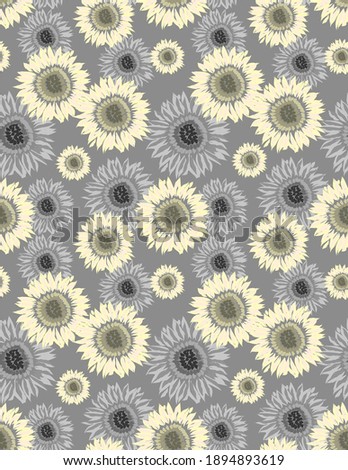 Sunflowers seamless pattern in gray-yellow colors. Watercolor. Trendy floral background for textile, fabric, paper.
