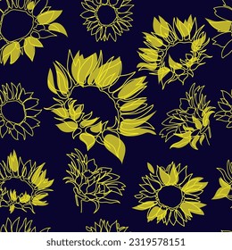 Sunflowers seamless pattern on blue background.Botanical floral seamless pattern line drawing, wild meadow sunflower for print,cover,banner, extile,wrapping. hand painted flowers vector illustration