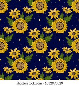 Sunflowers seamless pattern on a dark blue background. Vector background with yellow sunflowers for any print