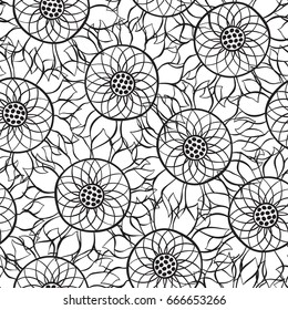 Sunflowers. Seamless  pattern  on a white background. Black and white vector illustration.