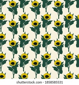 Sunflowers seamless pattern. Yellow flowers and green sunflower leaves on a white background. Design of fabric, packaging. Vector illustration.