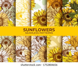 Sunflowers Seamless Patterns Set, Bundle Pack, Vector Backgrounds, Wallpaper Autumn Harvest Designs, Thanksgiving or Floral Honey