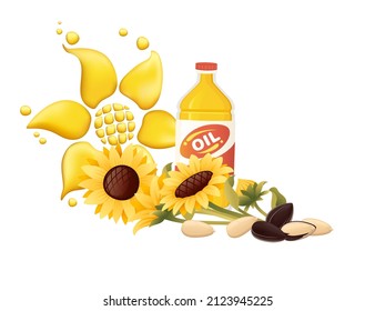 Sunflowers with seeds and oil for cooking healthy food vector illustration on white background